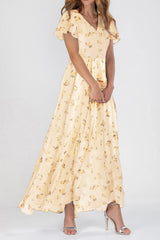 Floral V-neck Short Sleeve Floral Maxi Dress