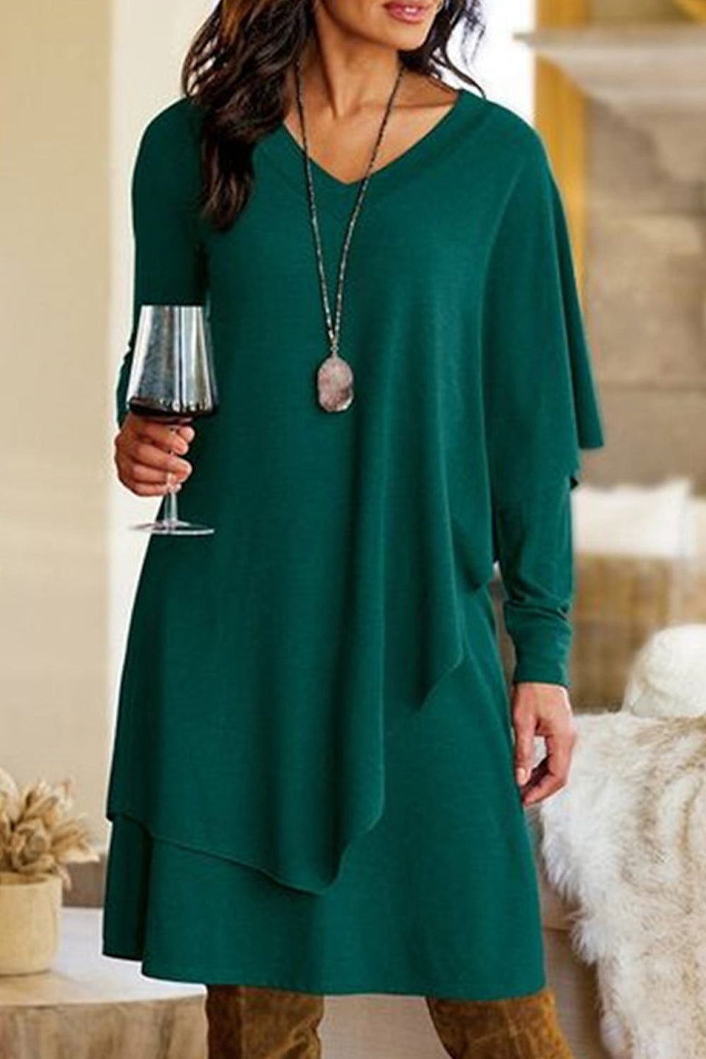 Green V-neck Long Sleeve Loose Fit Midi Dress