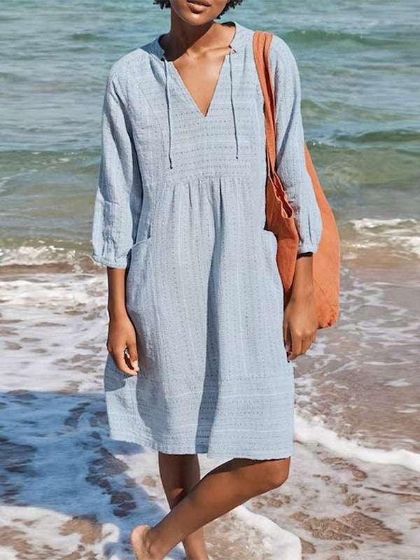 Plain V-neck 3/4 Sleeves Comfy Midi Dress