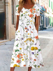 Disty Floral Crew Neck Short Sleeve Loose Midi Dress