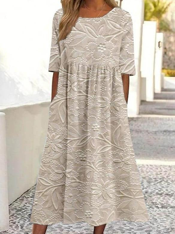 3D Floral Print Crew Neck Half Sleeve Comfy Vintage Maxi Dress Main image
