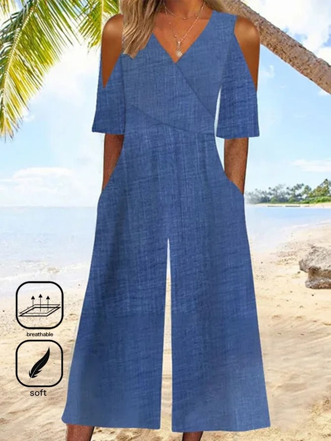 Plain V Neck Short Sleeve Casual Off Shoulder Sleeve Summer Jumpsuit