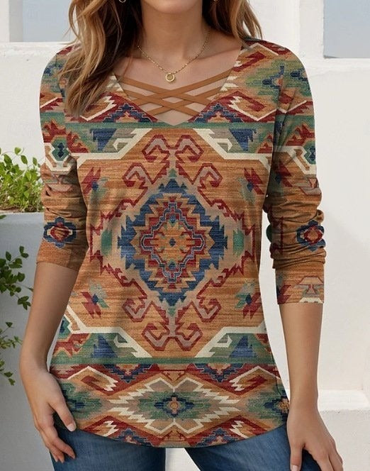 Vintage Ethnic Print V Neck Long Sleeve Comfy T-shirt