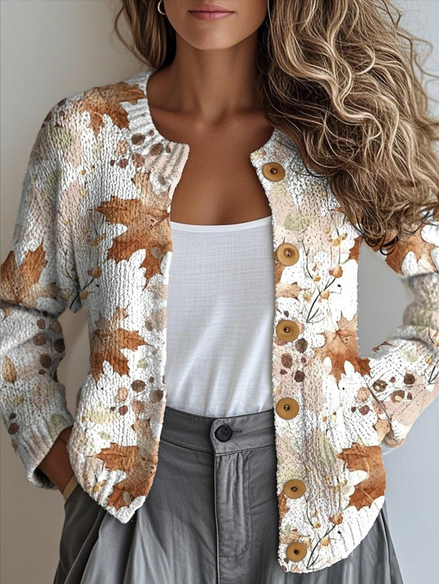 Retro Maple Leaf Casual Loose Long Sleeve Cardigan