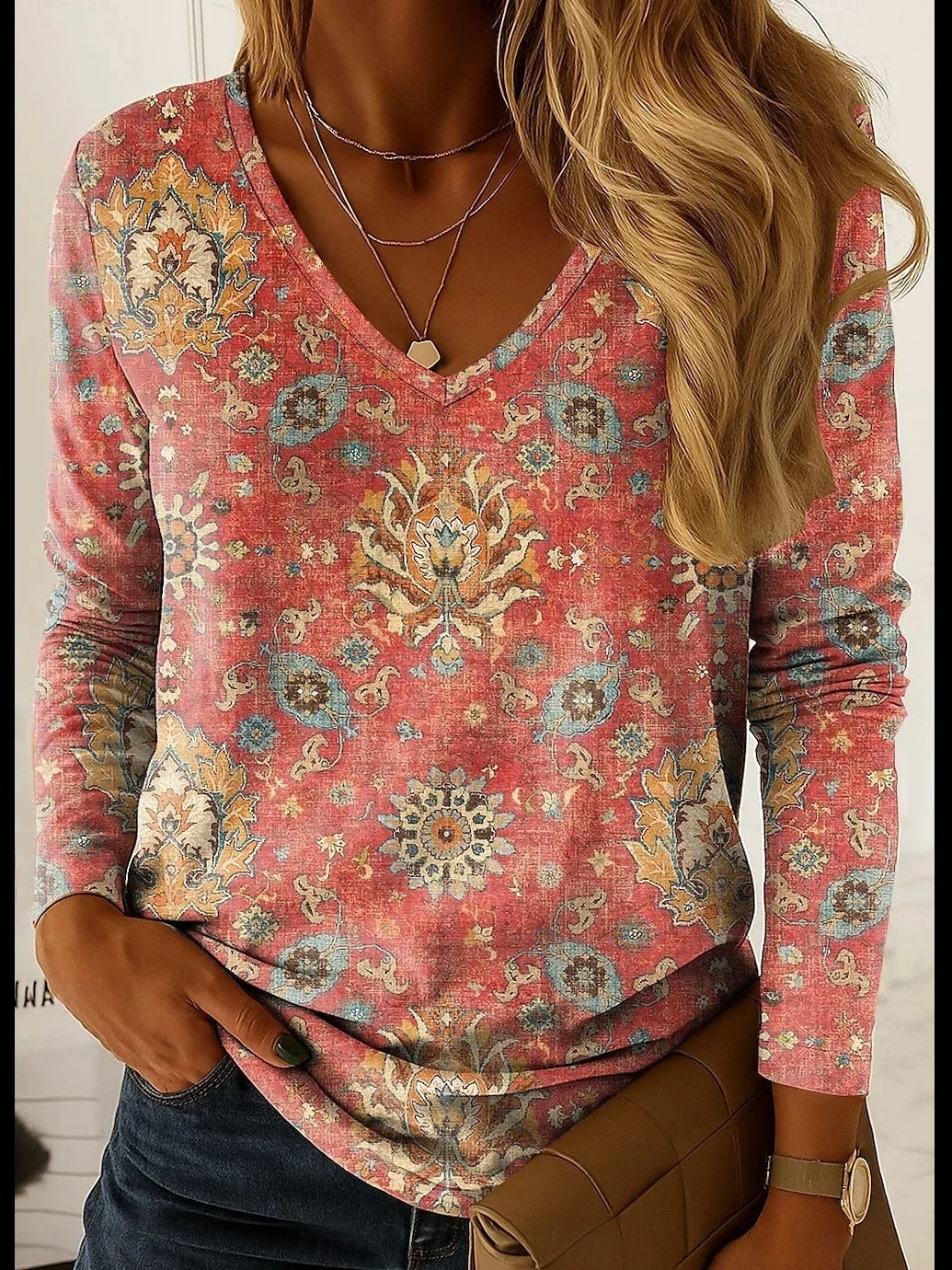 Abstract Elegant V-neck Long Sleeve Tops Main image