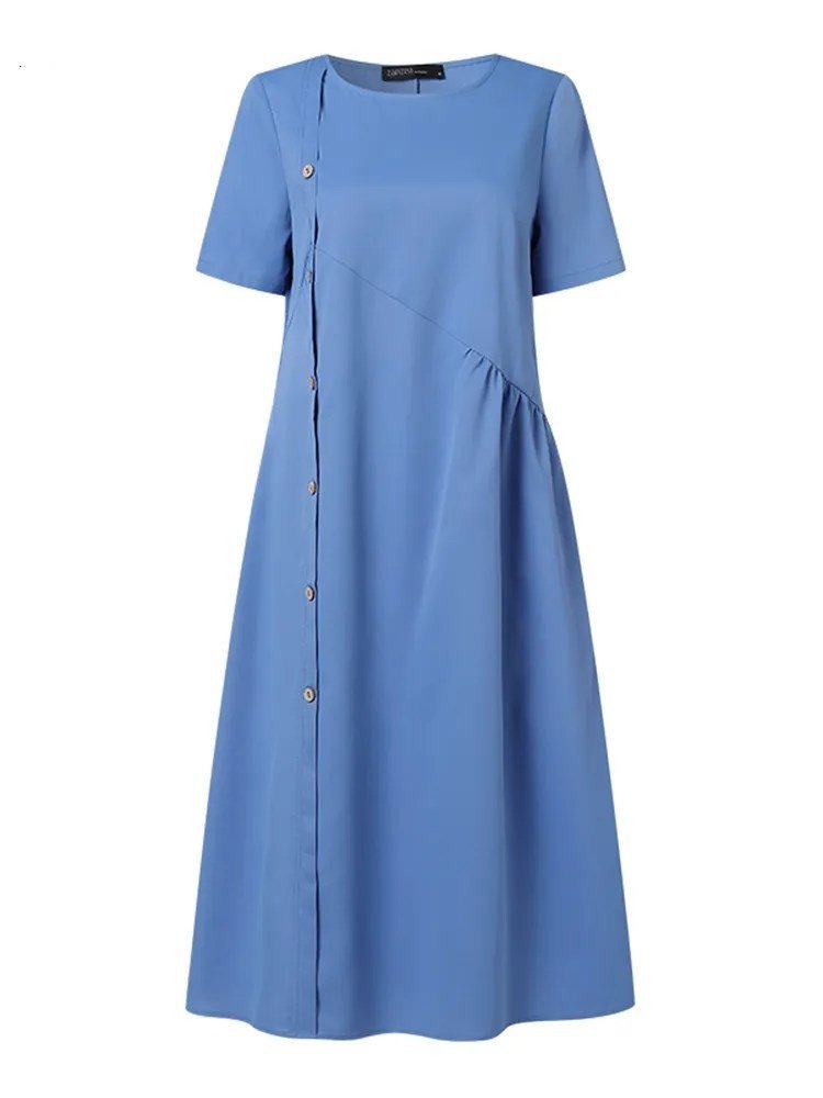 Casual Plain Loose Crew Neck Short Sleeve Button Linen Dress