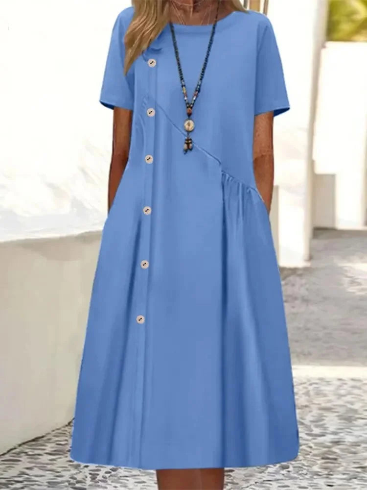 Casual Plain Loose Crew Neck Short Sleeve Button Linen Dress