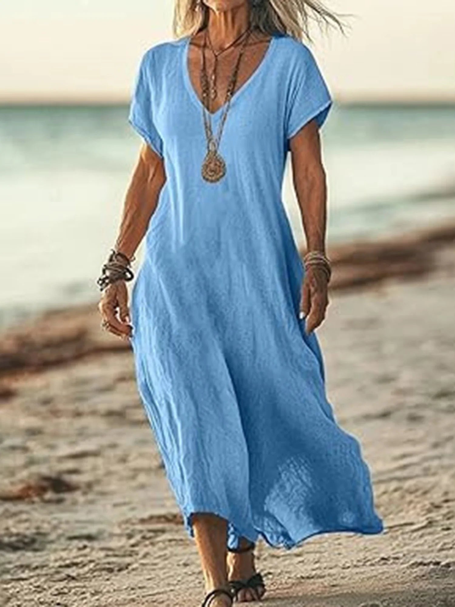 Casual Cotton Plain V Neck Midi Dress