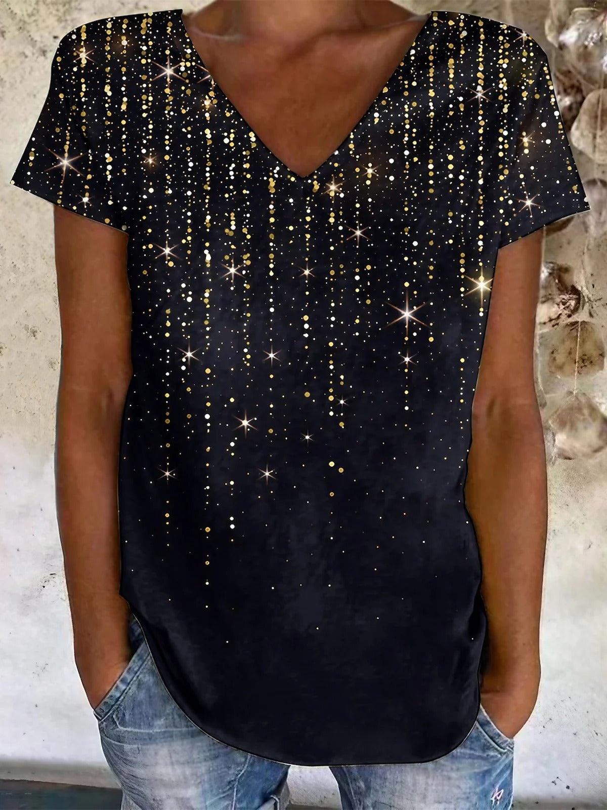 Gradient Pattern V Neck Loose Casual T-Shirt
