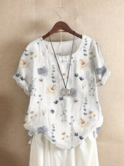 Women's Vintage Floral & Plant Print Crew Neck Short Sleeve Blouse