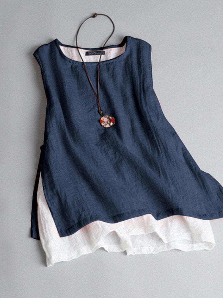 Women's Contrast Patchwork Side Split Sleeveless Tank Top