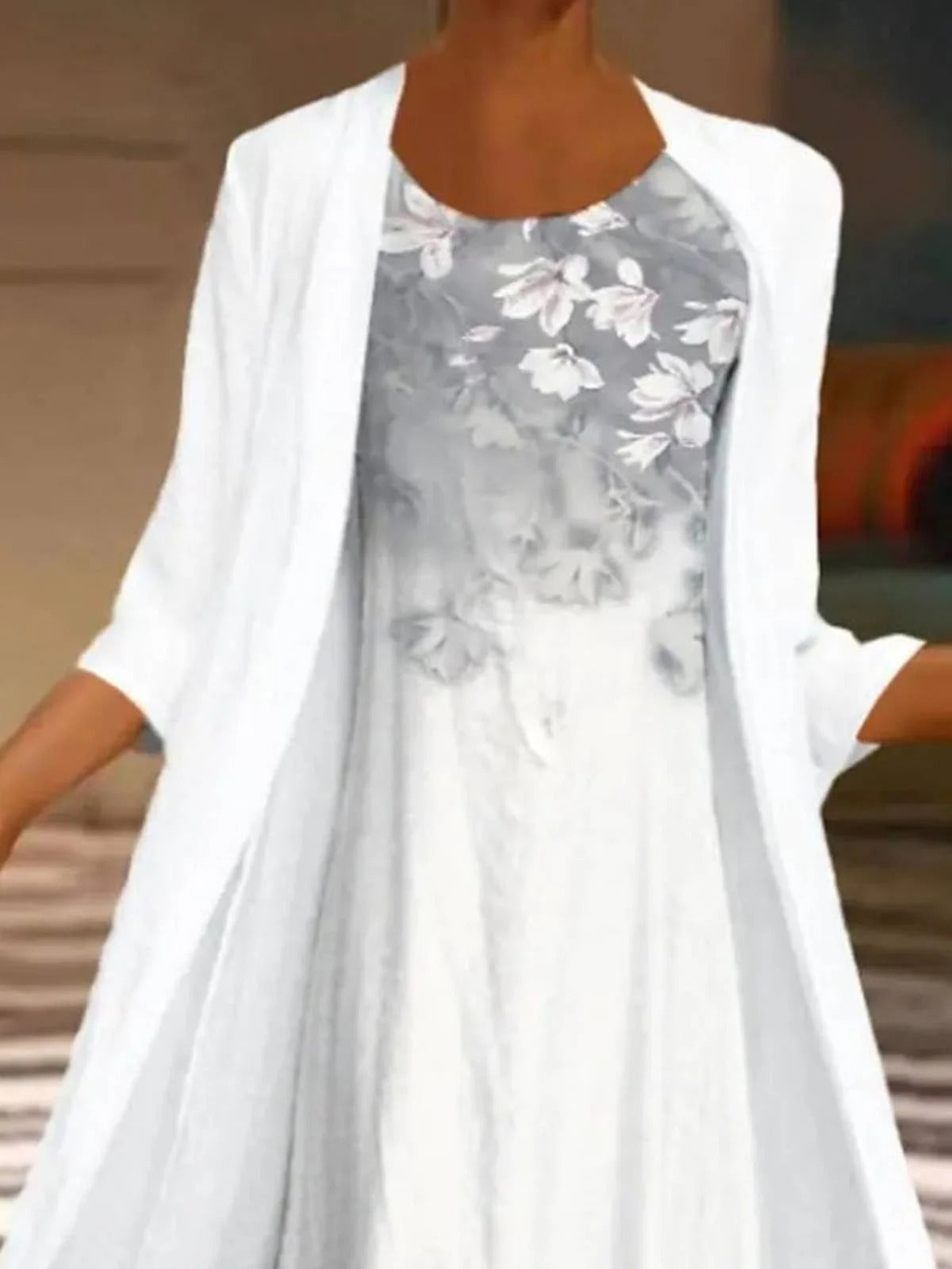 Women's Floral Print 3/4 Sleeves Two Piece Maxi Dress