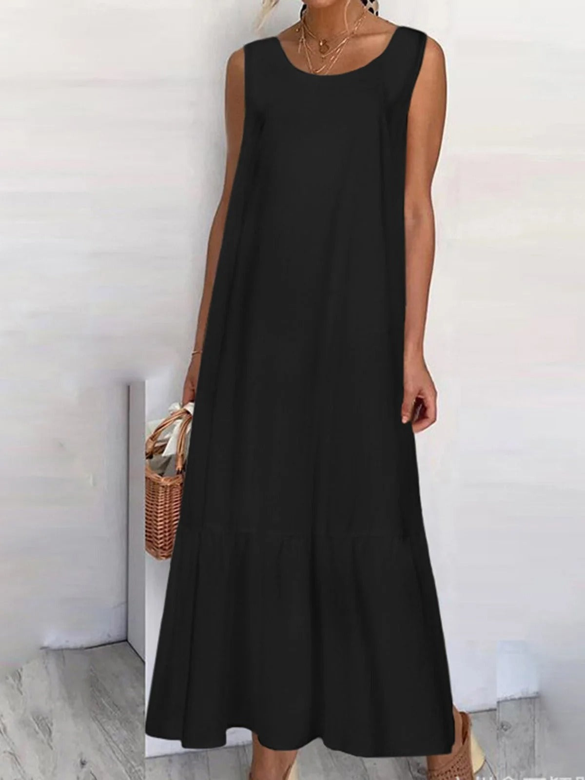 Linen Plain Crew Neck Casual Women's Maxi Dress