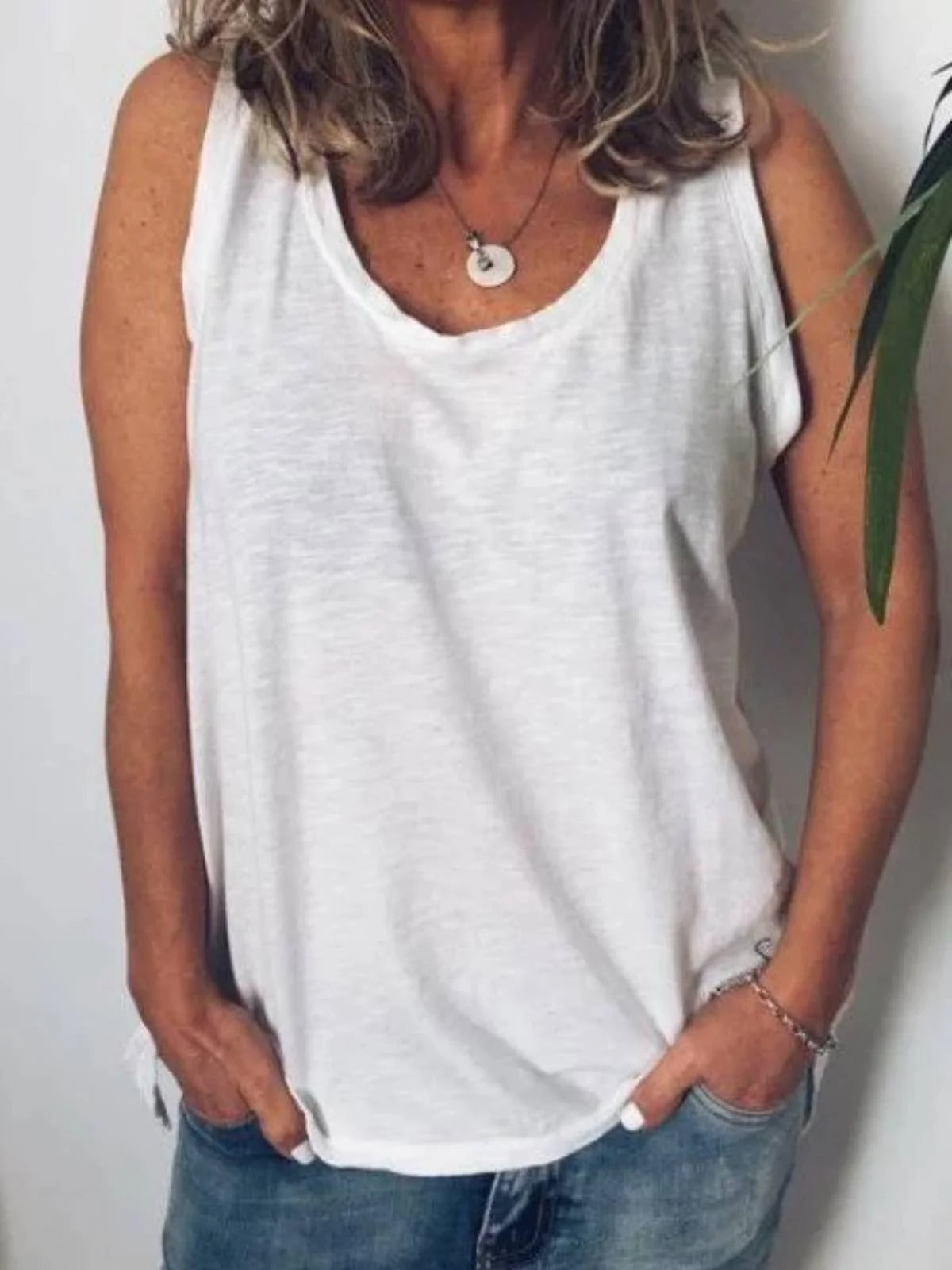 Sleeveless Cotton Crew Neck Plain Tank Top