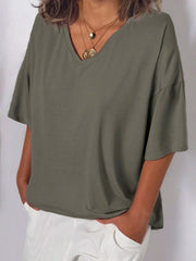 Summer Basic Short Sleeve Cotton Solid V Neck T Shirt