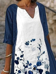 V Neck Color Block Casual Regular Fit Two-Piece Midi Dress