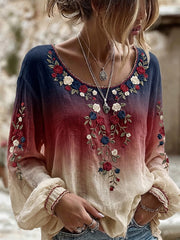 Independent Floral Pattern Gradient Crew Neck Linen Blend T-shirt
