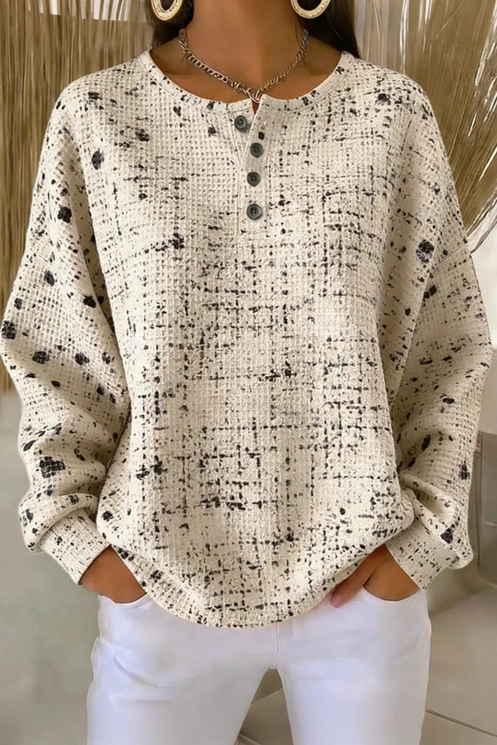 Womens Casual Crew Neck Waffle Loose Cozy Sweatshirt