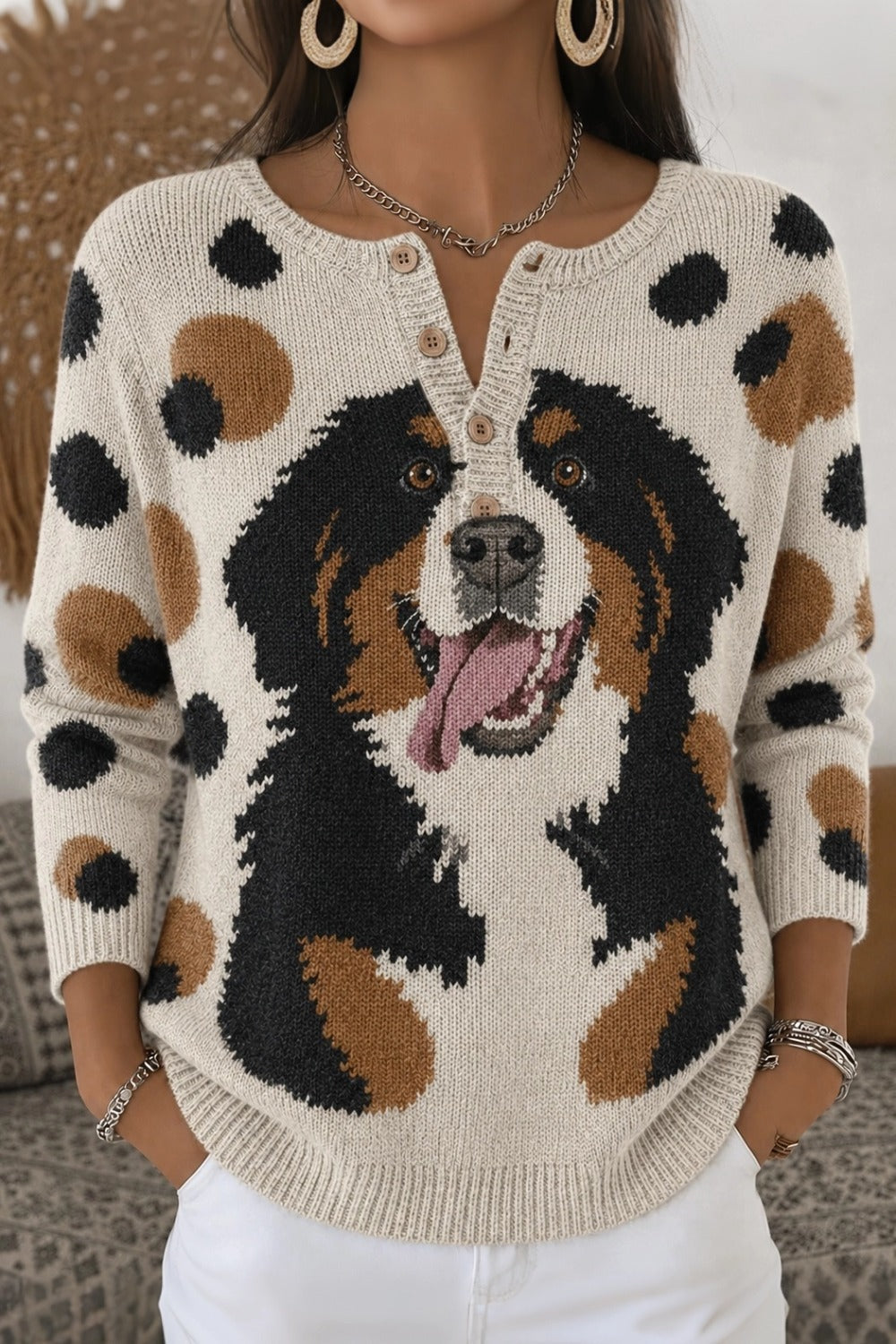 Women Imitation Cashmere Dog Long Sleeve Comfy Vintage Sweater