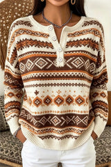 Women Casual Vintage Ethnic Henley Collar Long Sleeve Sweater