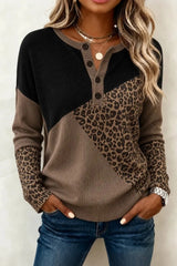 Women Casual Geometric Henley Collar Long Sleeve Sweater