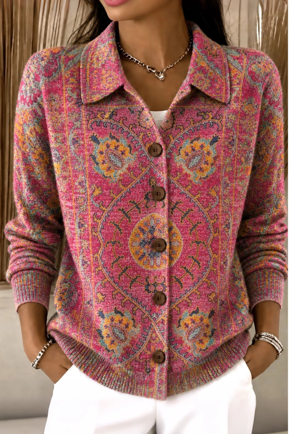 Women Plain Long Sleeve Comfy Casual Vintage Floral Knit Cardigan