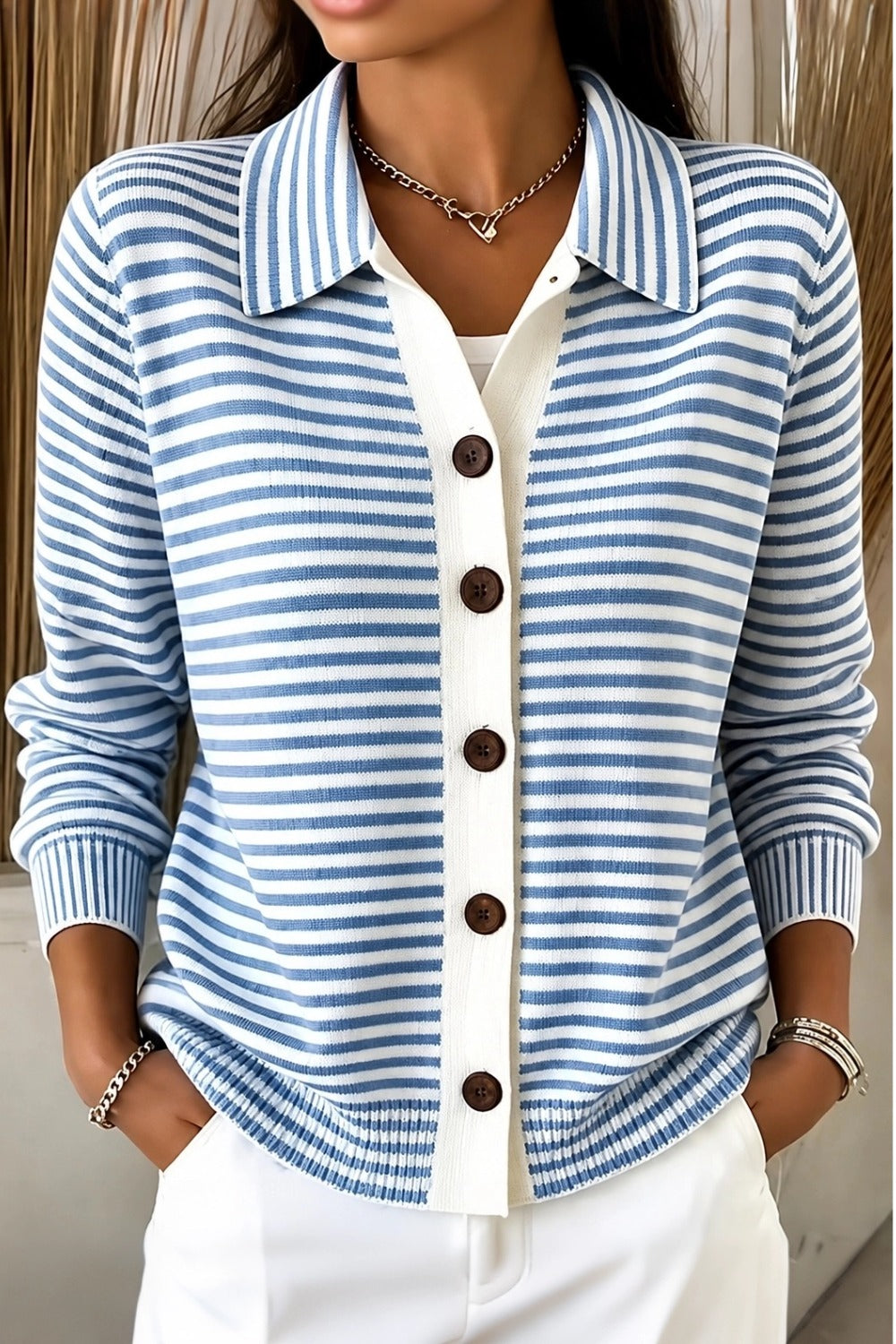 Women Regular Fit Striped Casual Knit Plain Comfy Cardigan