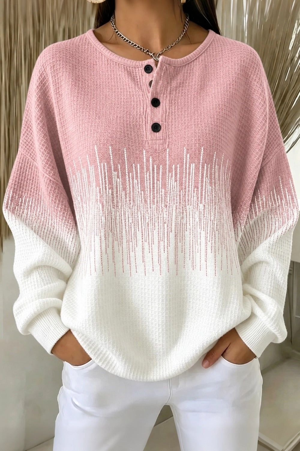 Women Abstract Henley Collar Long Sleeve Sweatshirt
