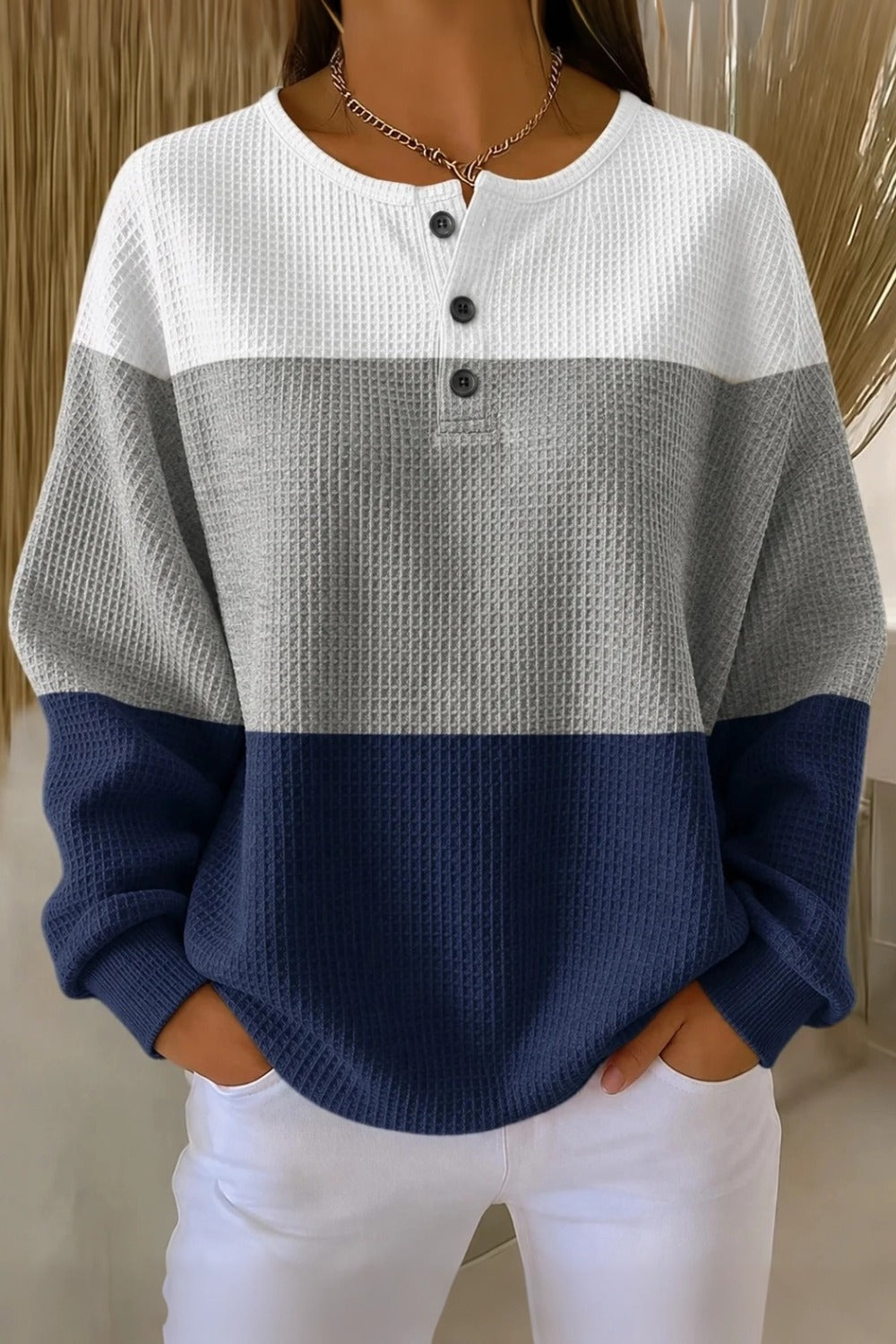 Women Casual Abstract Henley Collar Long Sleeve Sweatshirt