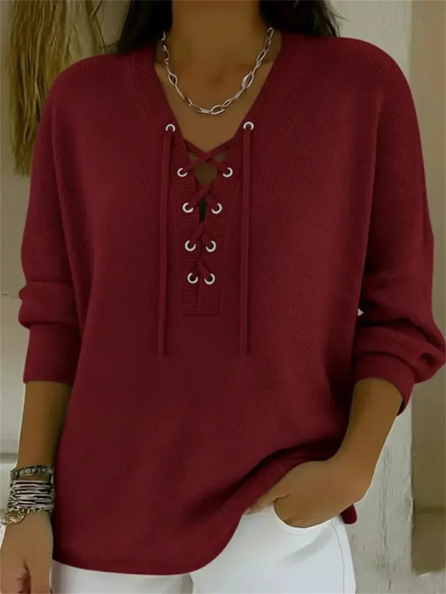 Solid V-neck Long Sleeve Tie-front Casual Pullover Sweater