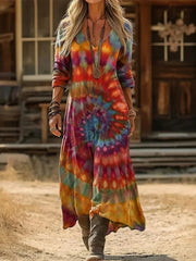 Vintage Colourful Abstract Print V-neck Long Sleeve Casual Maxi Dress
