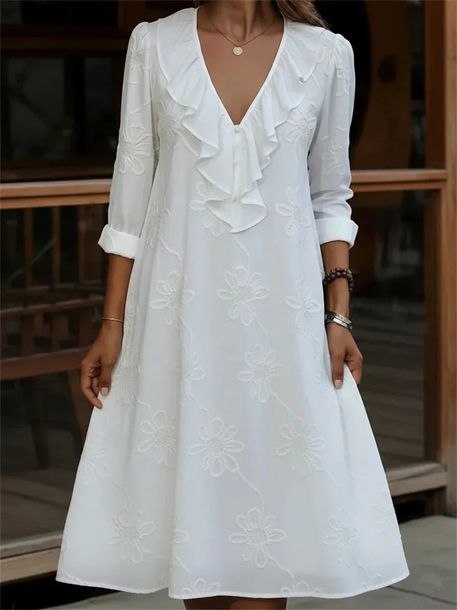 Vintage Ruffled V-neck Floral Printed Long Sleeve Dress