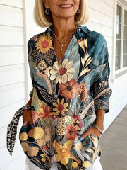 Vibrant Blue Floral Print Long Sleeve Button Down Shirt