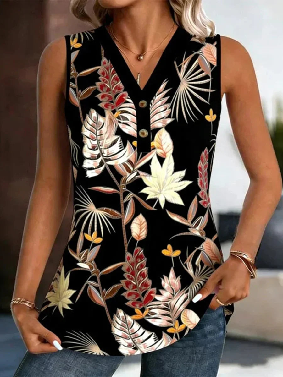 Vintage Leaf Print V-neck Sleeveless Tank Top