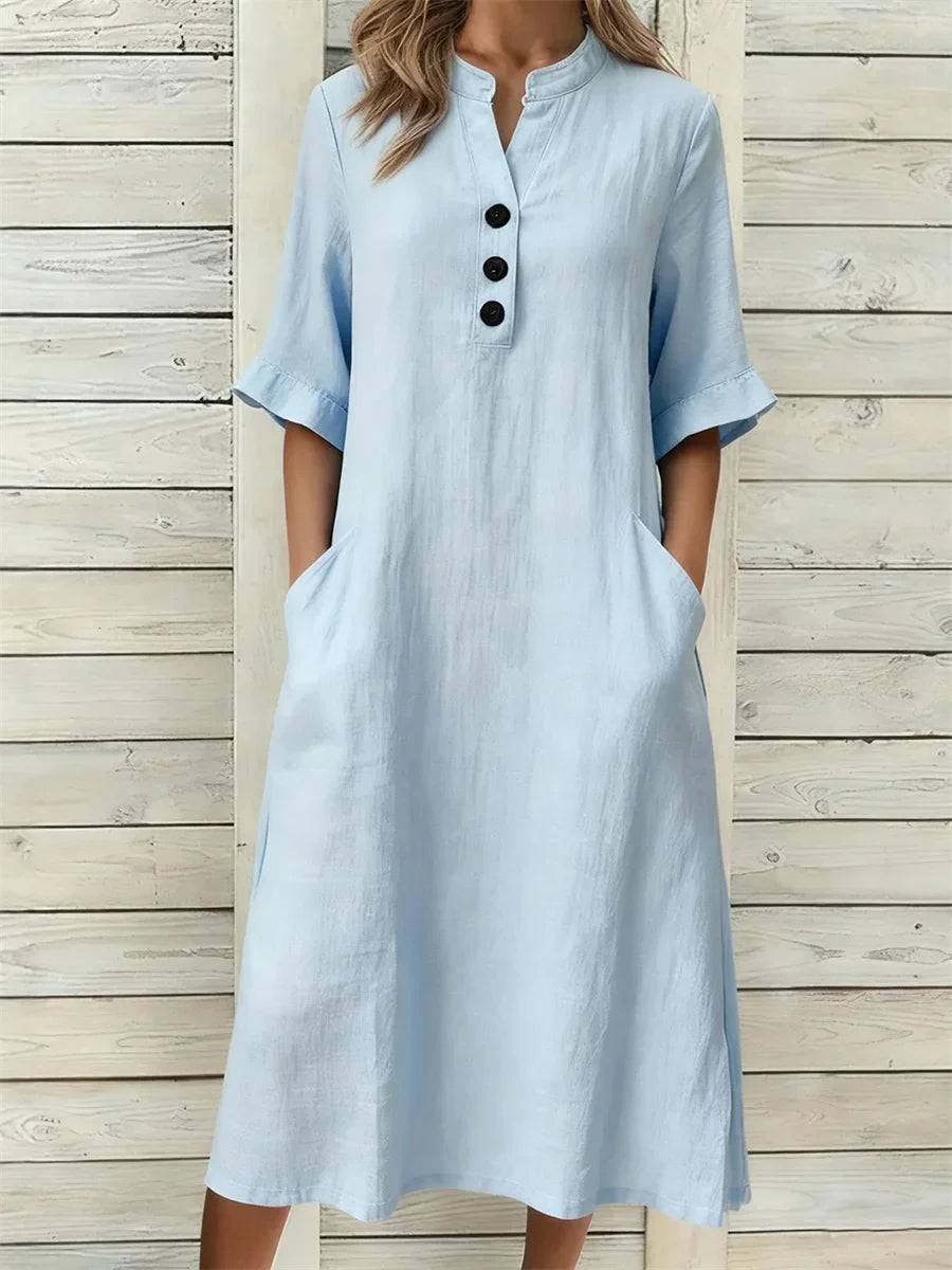 Women Plain Summer Dress Stand Collar Short Sleeve A-Line Dress