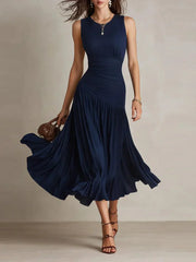 Navy Round Neck Sleeveless Plain Midi Dress