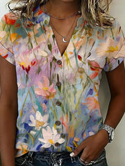 Watercolor Floral Print V-neck Short Sleeve Top