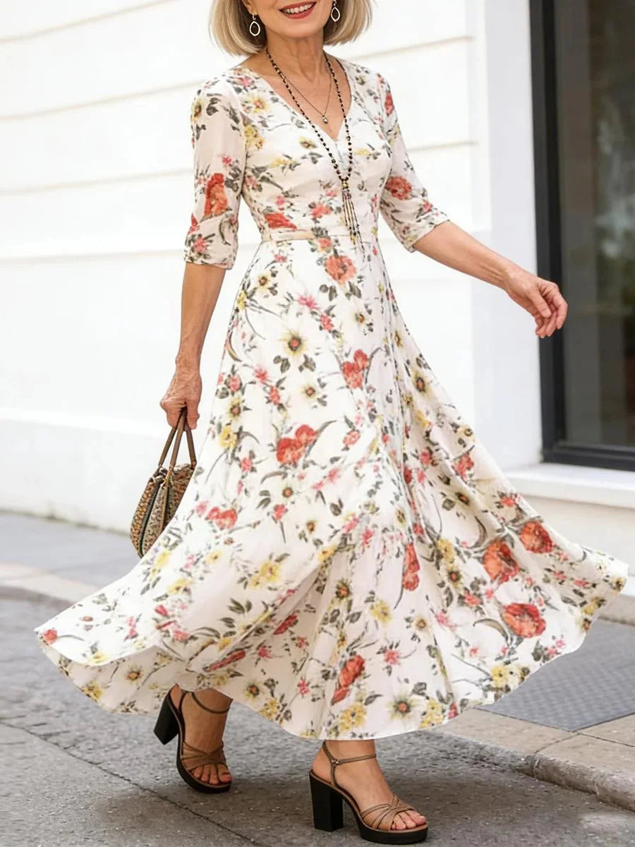 Floral V-Neck 3/4 Sleeve Maxi Dress