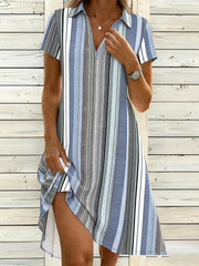 Striped Asymmetrical Short Sleeve Midi Shirt Dress