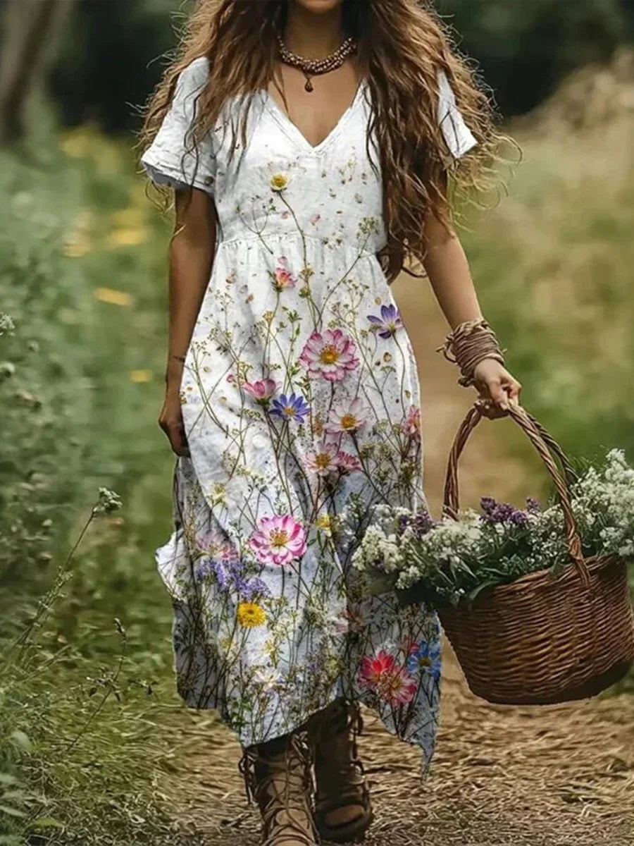 Vintage Floral Print V-neck Short Sleeve Dress