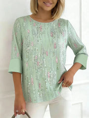Green Sequin Print Round Neck 3/4 Sleeve Top