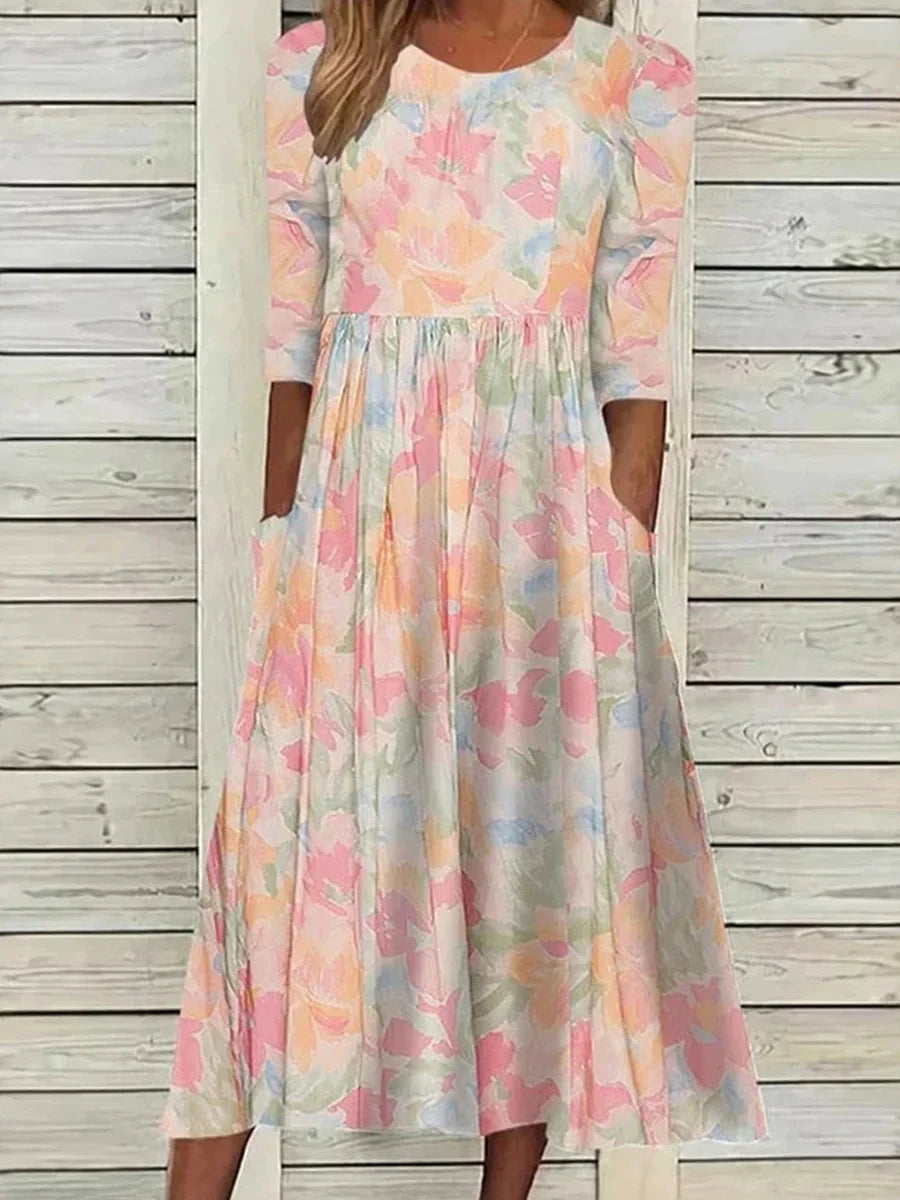 Casual Vintage Round Neck 3/4 Sleeve Dress