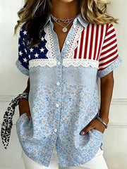 Blue Patriotic Floral Short Sleeve Button Shirt