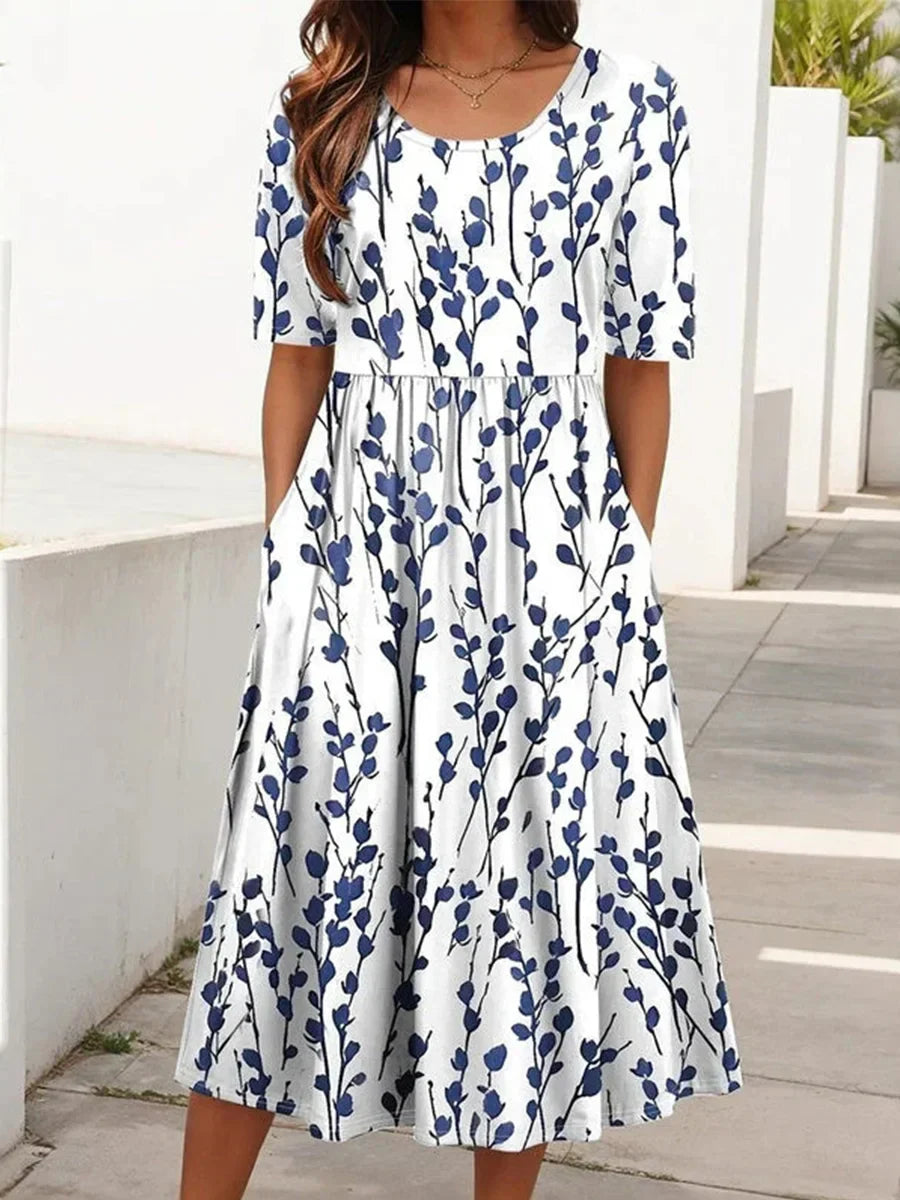 Casual Leaf Print Round Neck Short Sleeve Dress