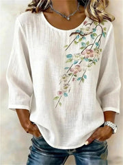 Vintage Floral Print Round Neck 3/4 Sleeve Blouse