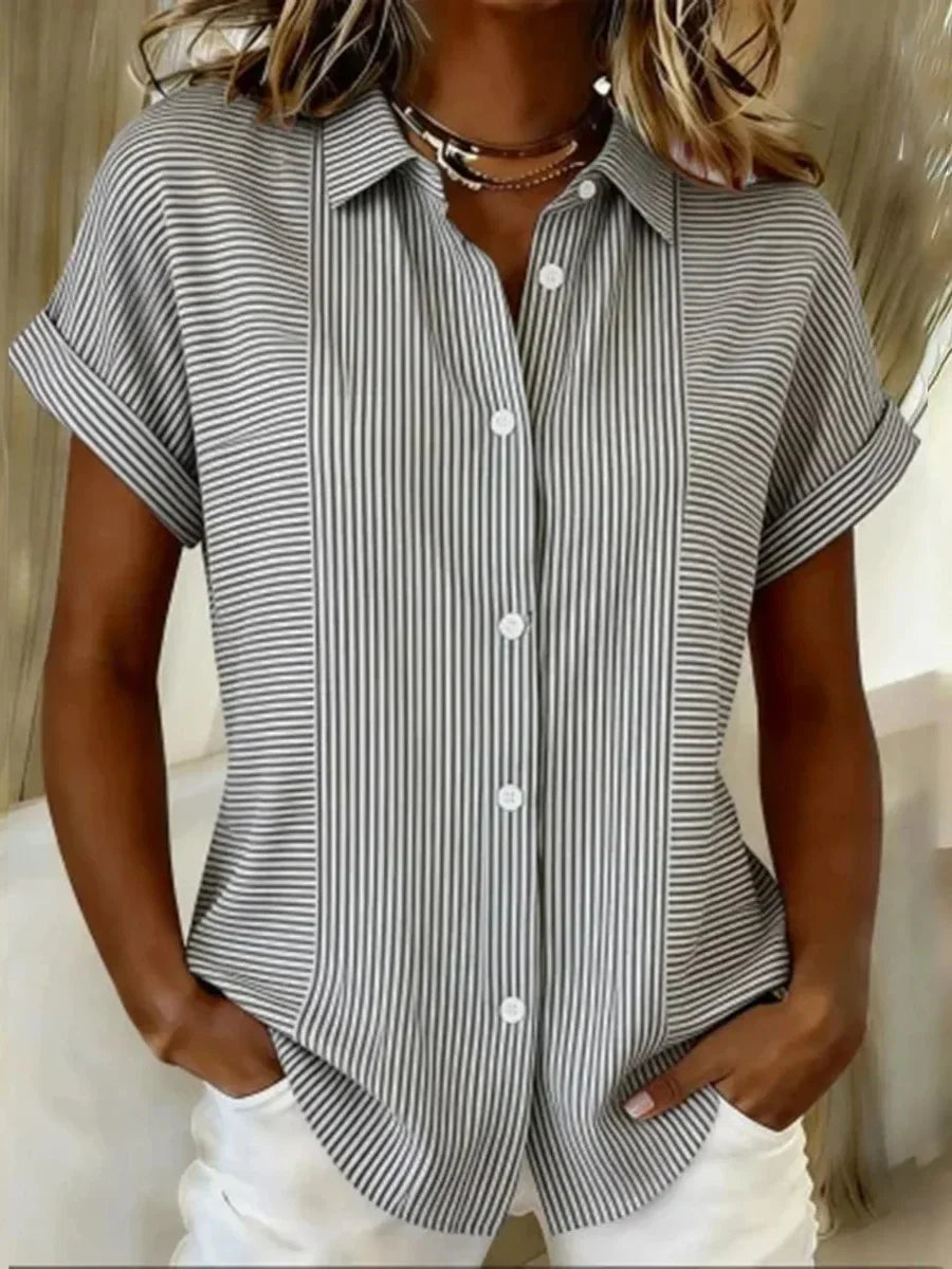 Grey White Stripe Short Sleeve Button-Down Blouse