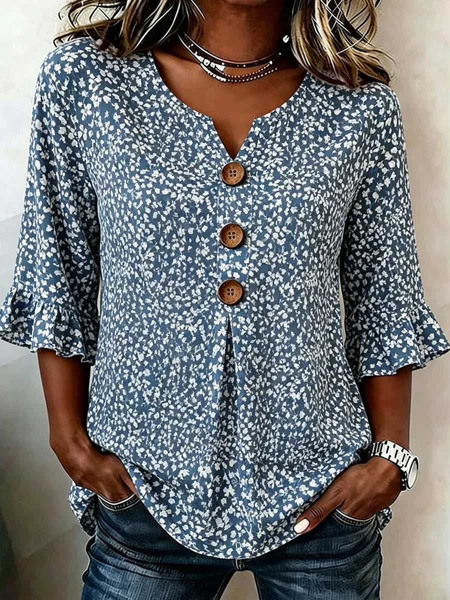 Blue Ditsy Floral Ruffle-Sleeve V-neck Blouse