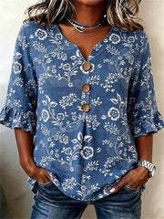 Vintage Floral Print V-neck 3/4 Sleeve Blouse