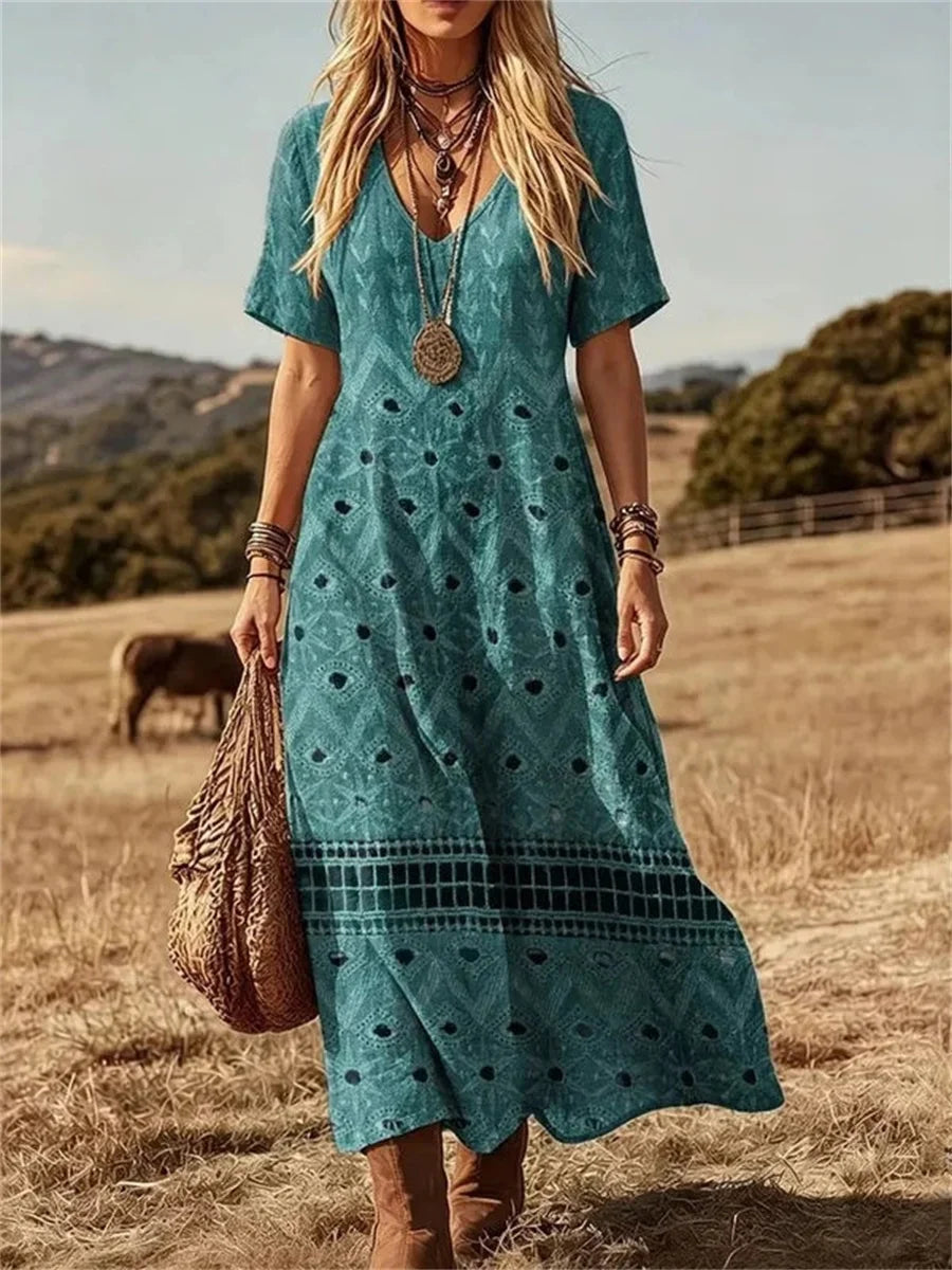 Casual Vintage V-neck Short Sleeve Dress