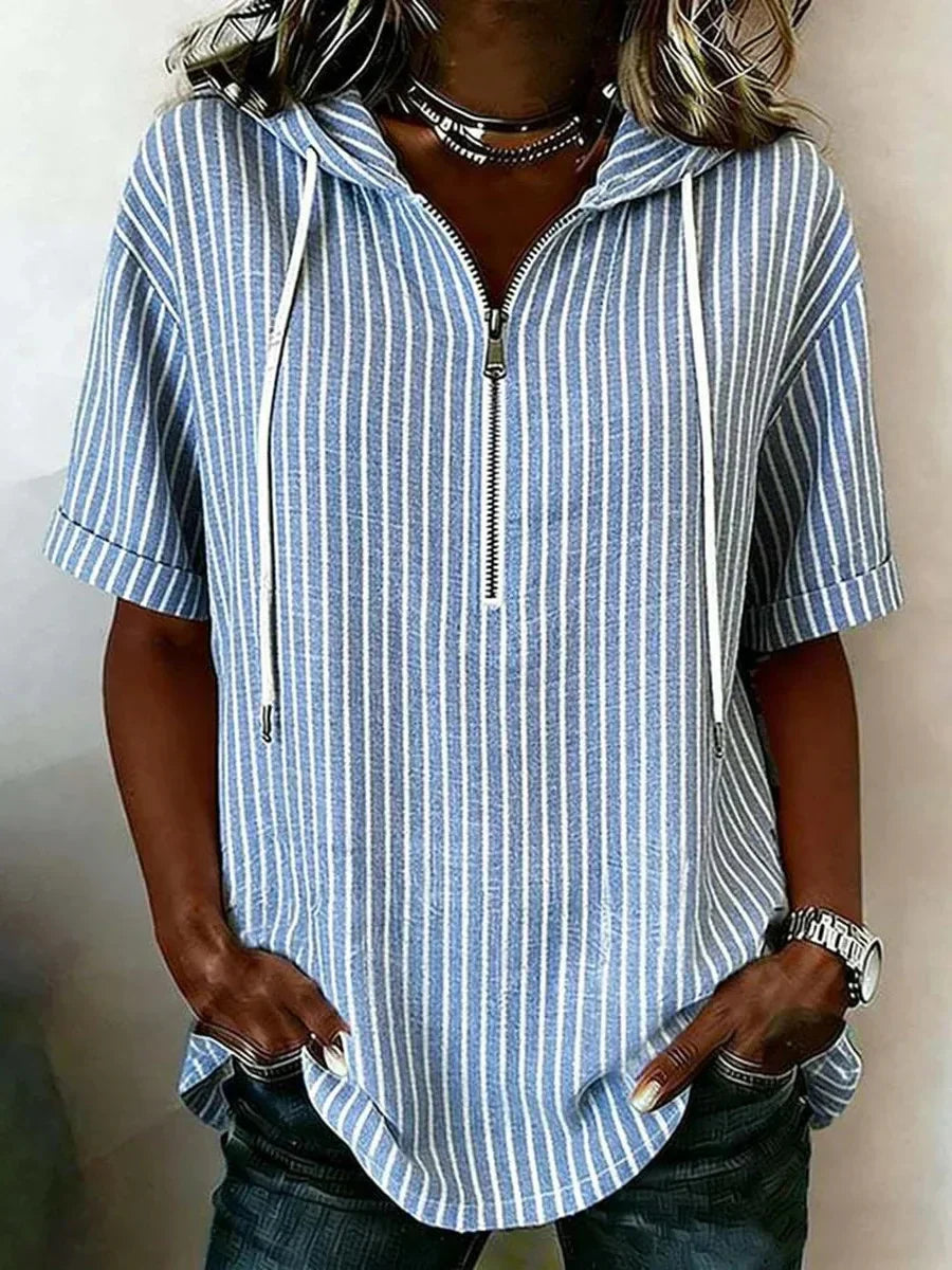 Striped Hooded Half-Zip Short-Sleeve Blouse